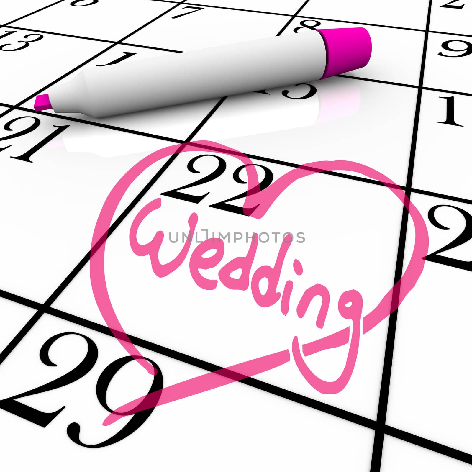 The date of a wedding is circled on a white calendar with a magenta colored marker, surrounded by a drawn heart