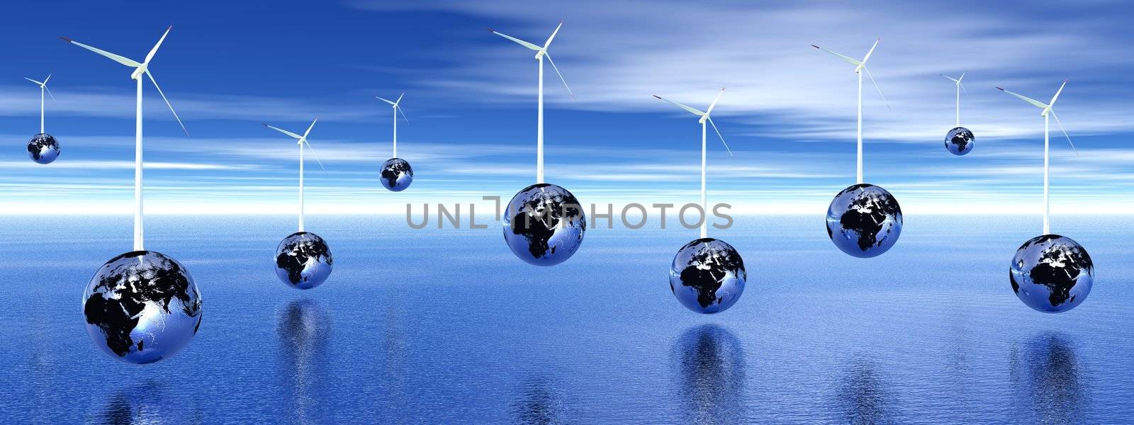 White and red wind turbines on metallic earth upon the ocean and in cloudy sky