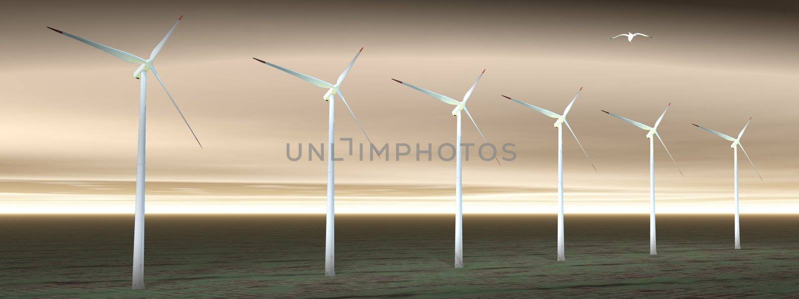 Bird flying upon wind turbines on in a cloudy sky