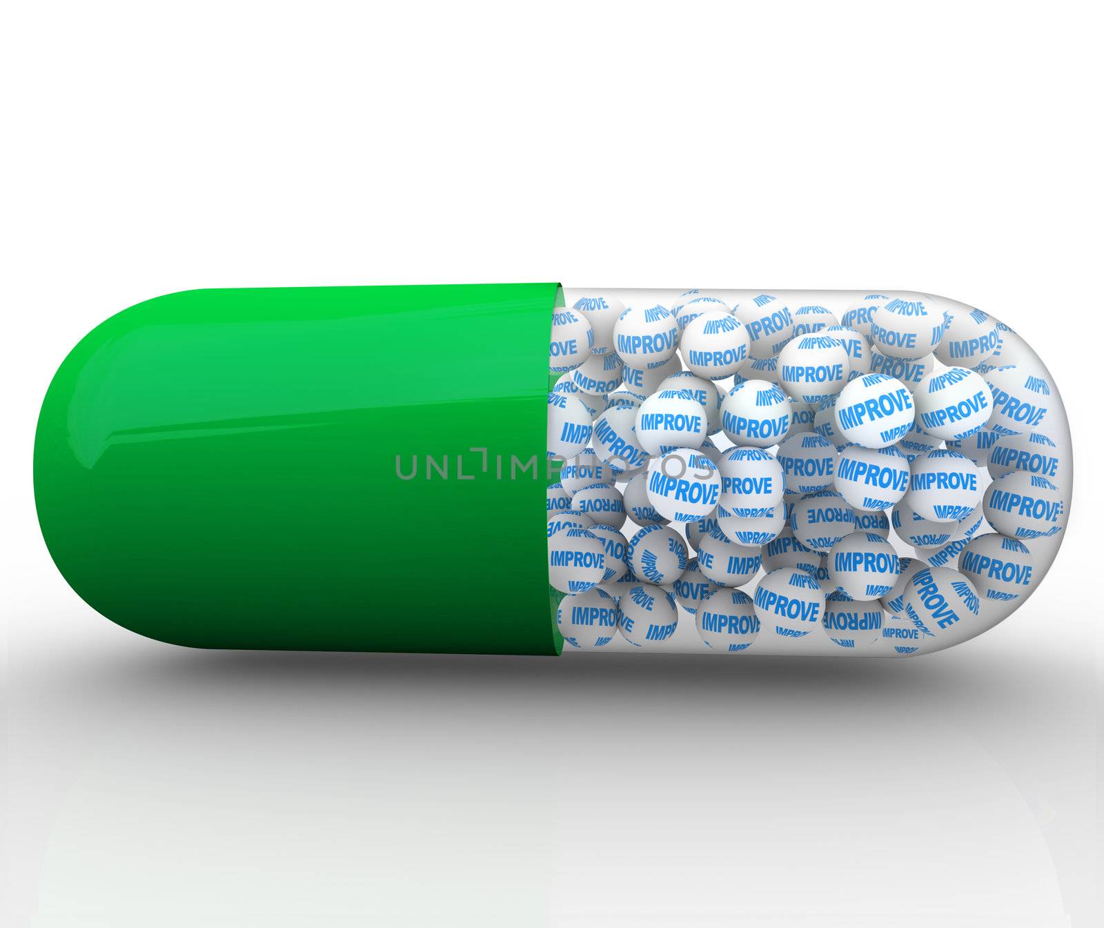 A green and translucent capsule pill filled with balls reading Improve, symbolizing the need for continuous improvement, change and innnovation