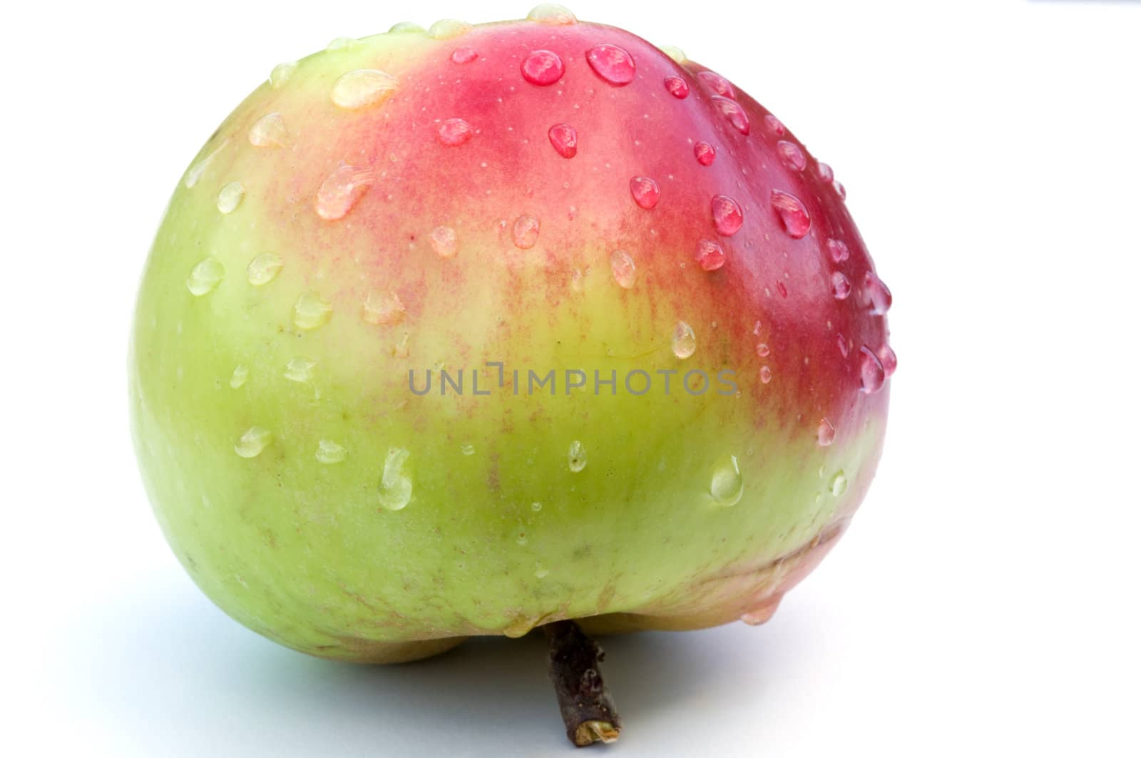 Drops on a red apple, it is isolated, macro.