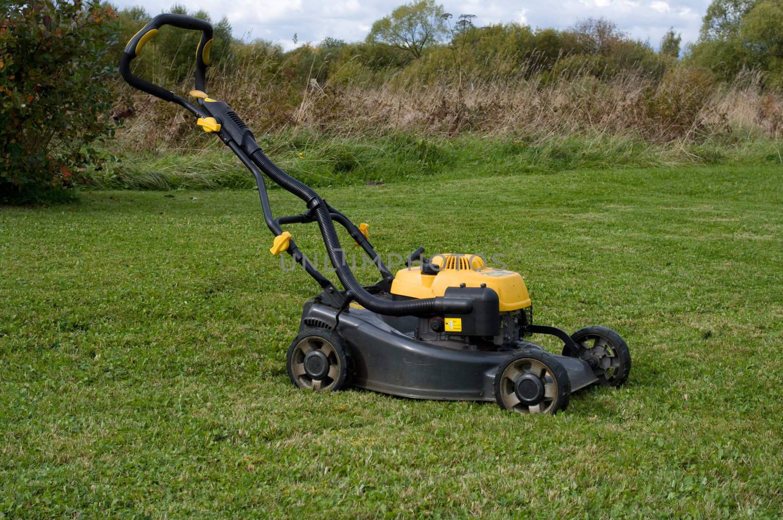 Yellow lawn mower on the green field.