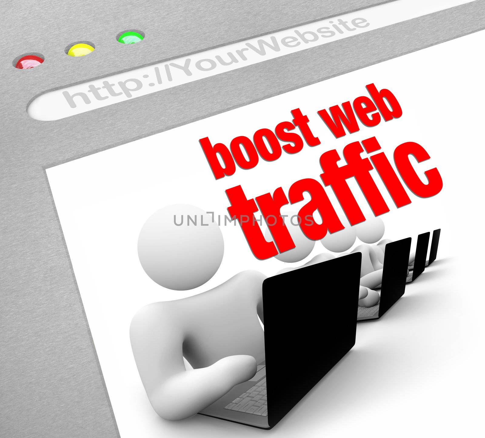 A web browser window shows the words Boost Web Traffic and several people working on laptop computers