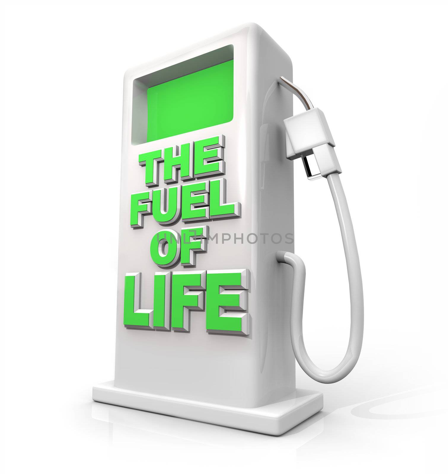 A white pump with green screen and the words The Fuel of Life on its front, symbolizing natural fuels or foods that provide power but are environmentally minded