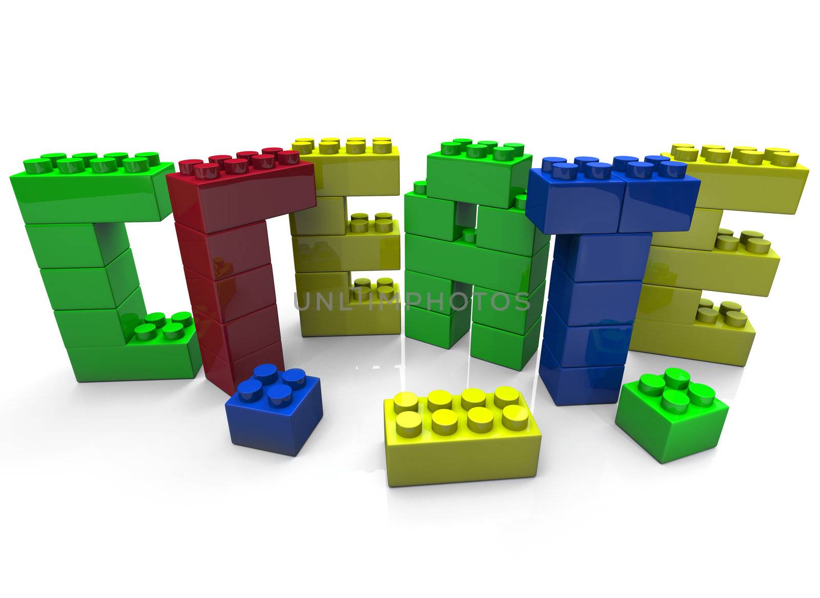 The word Create constructed with small plastic toy blocks of several colors, symbolizing creativity and imagination