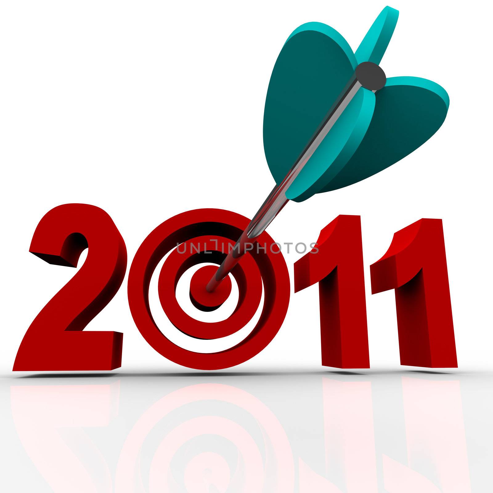 The year 2011 represented in red 3d letters and a target bullseye in place of the zero and an arrow hitting the middle of it