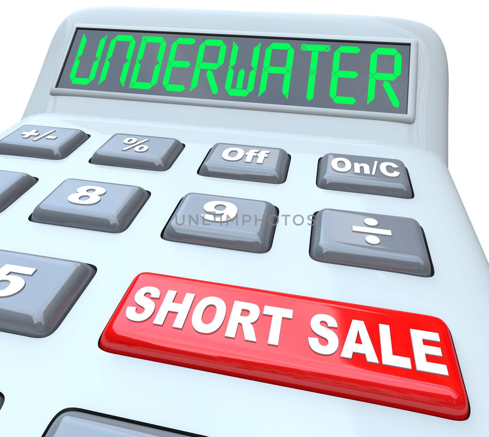 The word Underwater on a calculator digital display, symbolizing a home value being less than what is owed, and the words Short Sale on a red button symbolizing a solution to the problem