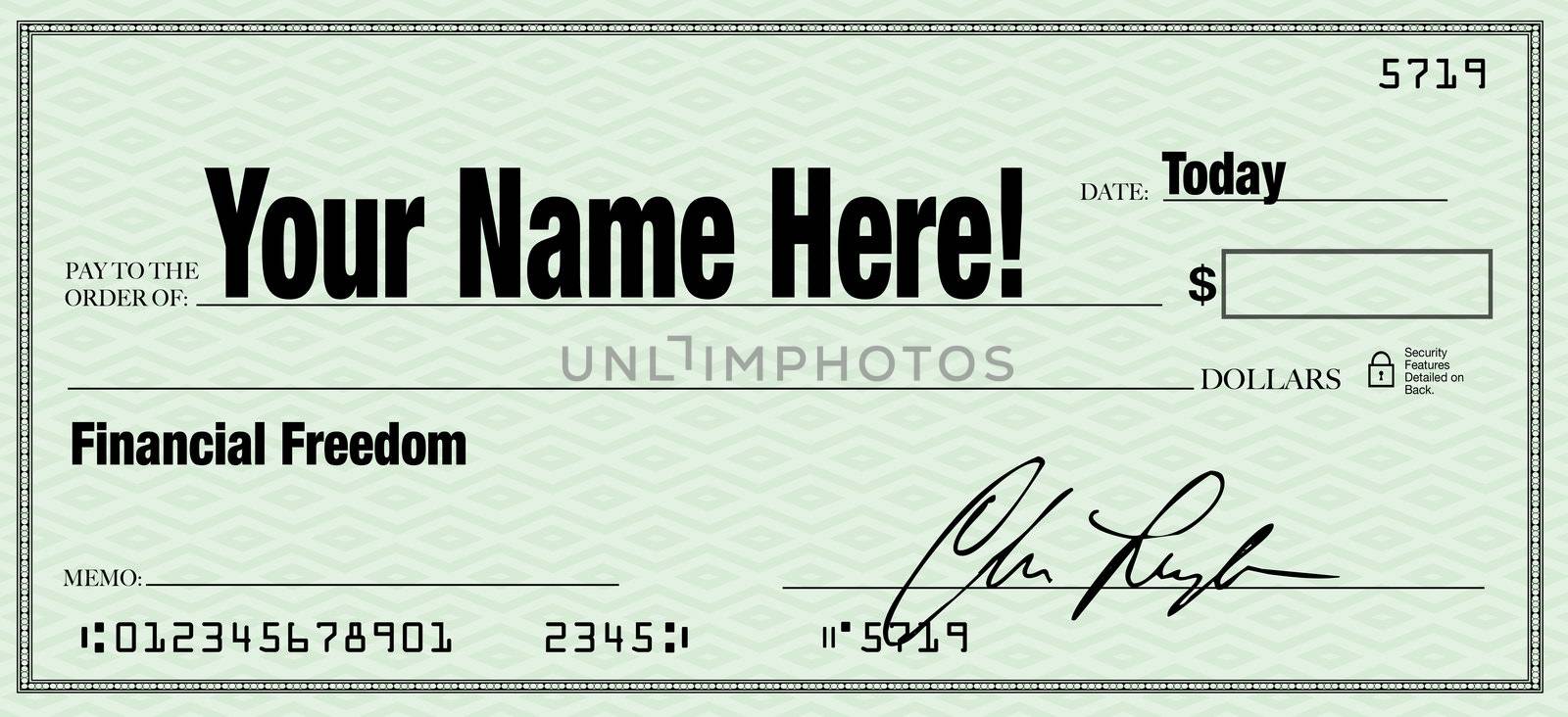 The words Your Name Here on a blank check representing financial freedom