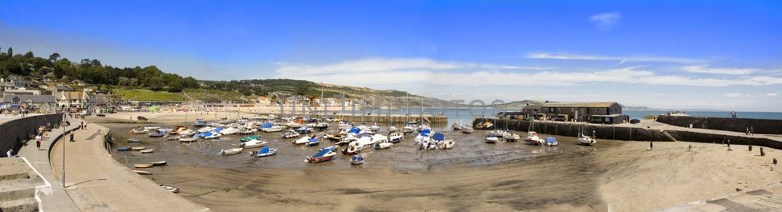 boats stranded at moorings in Lyme regis Harbor at low tide