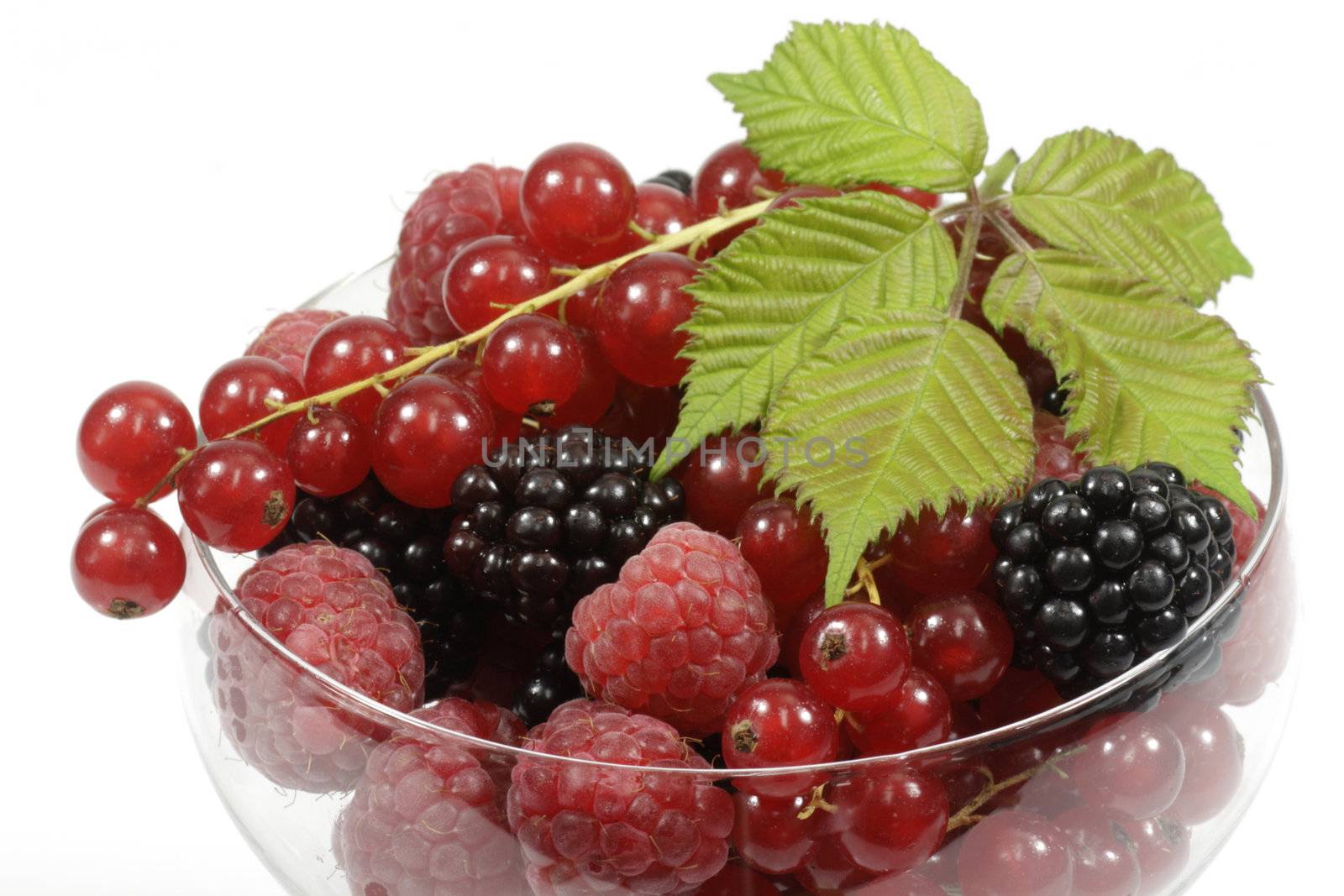 Different sorts of berries with leaves in a glass