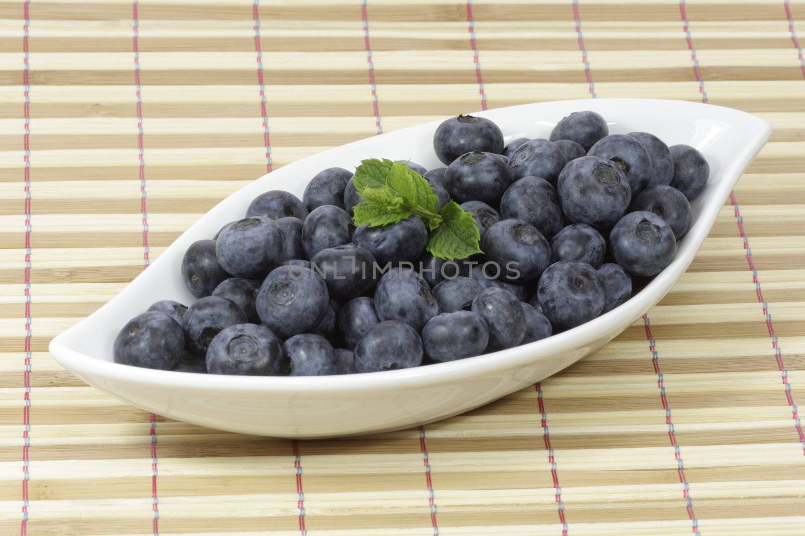 Fresh blueberries with mint leaves in a white bowl