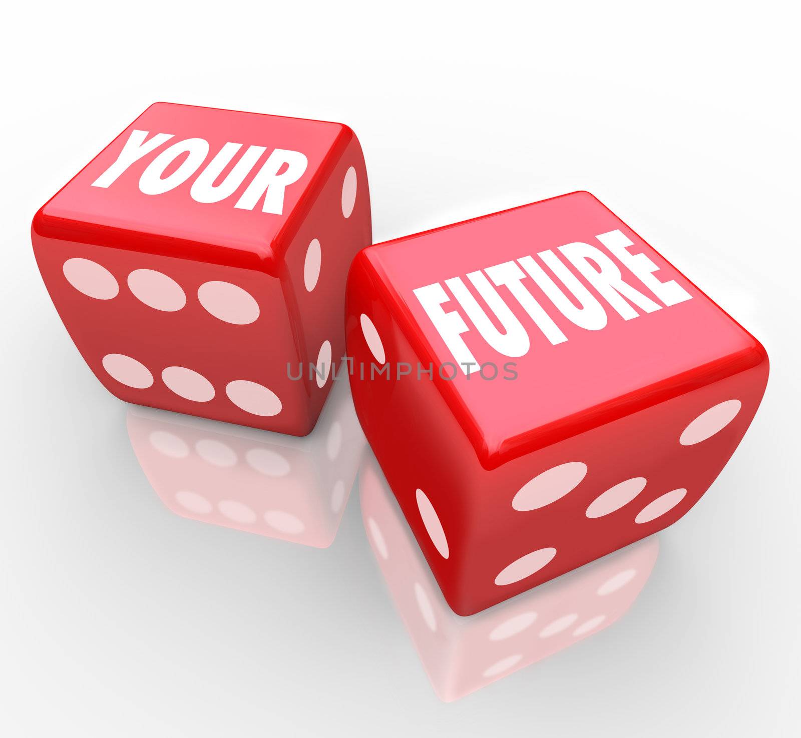 Two red dice with the words Your Future on their faces, symbolizing the risks in gambling