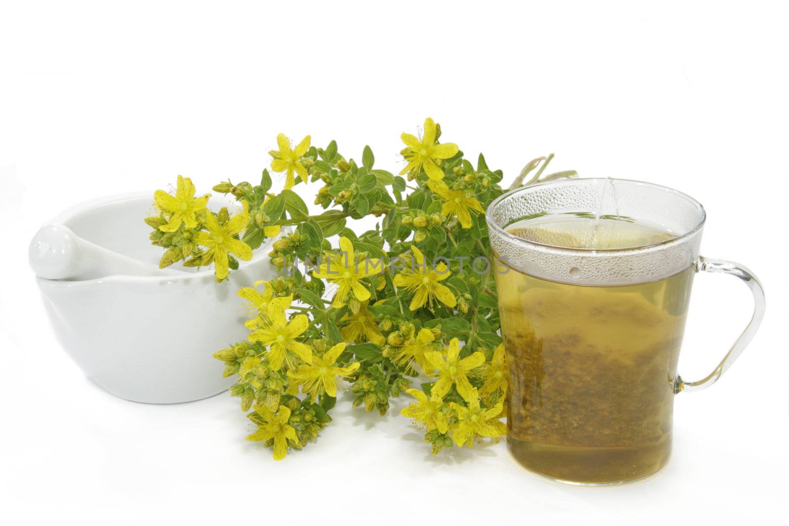 Herbal tea with Saint-John's wort over white background