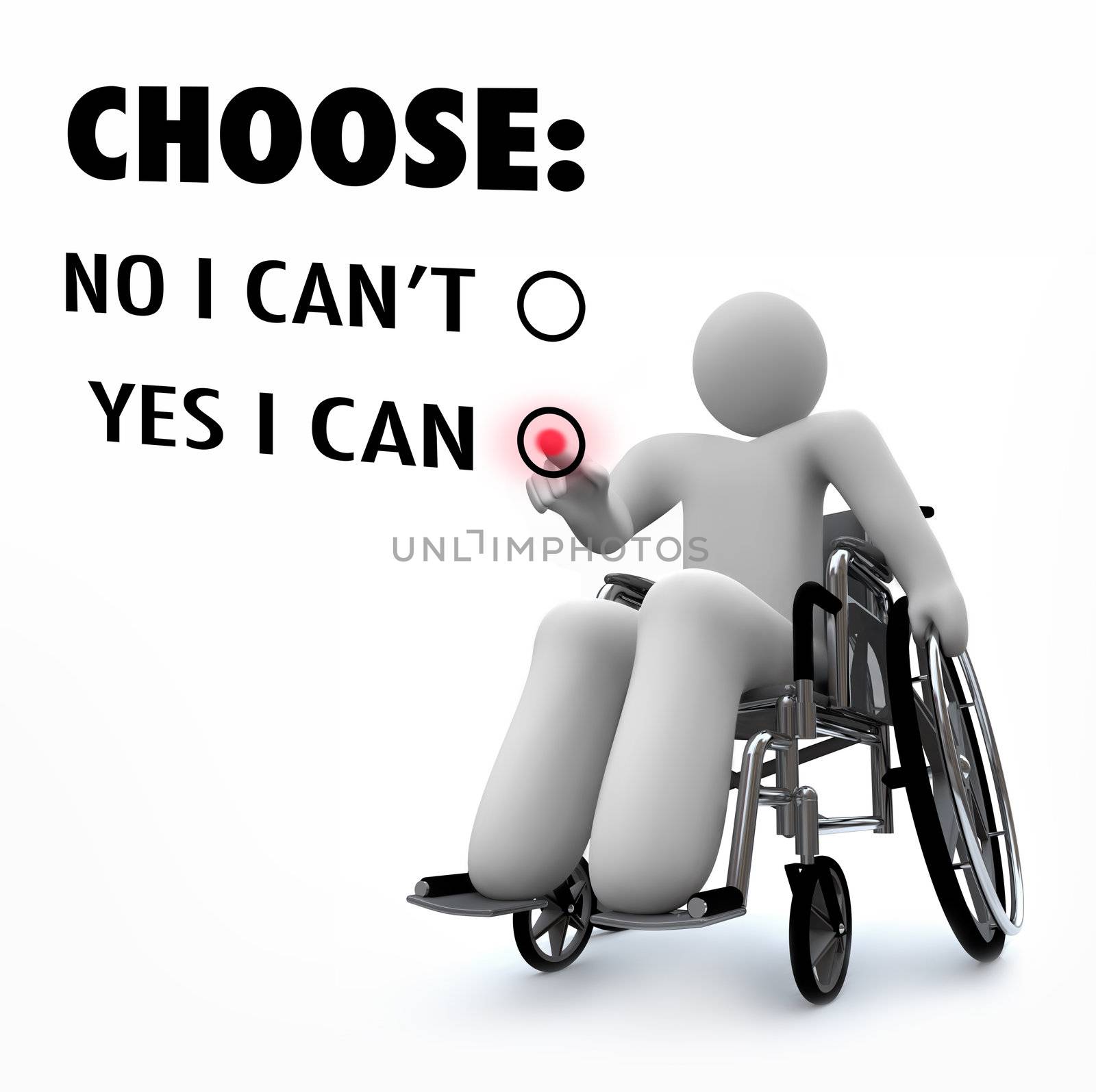 A person sits in a wheelchair and presses a touchscreen to select the option Yes I Can, expressing a positive attitude