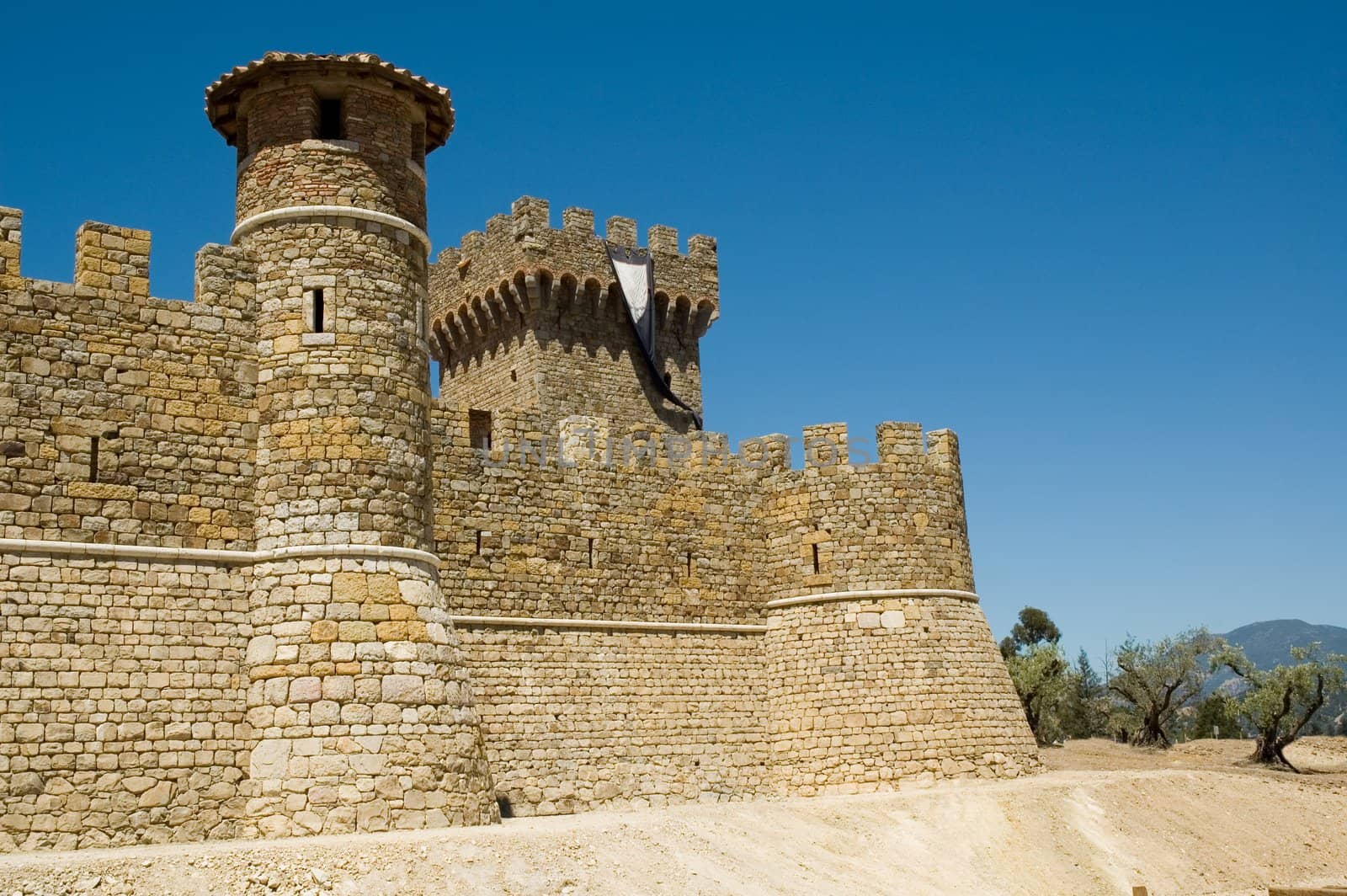 Copy of a Medieval Tuscan castle in a terraced vineyard in the hills of Northern California 