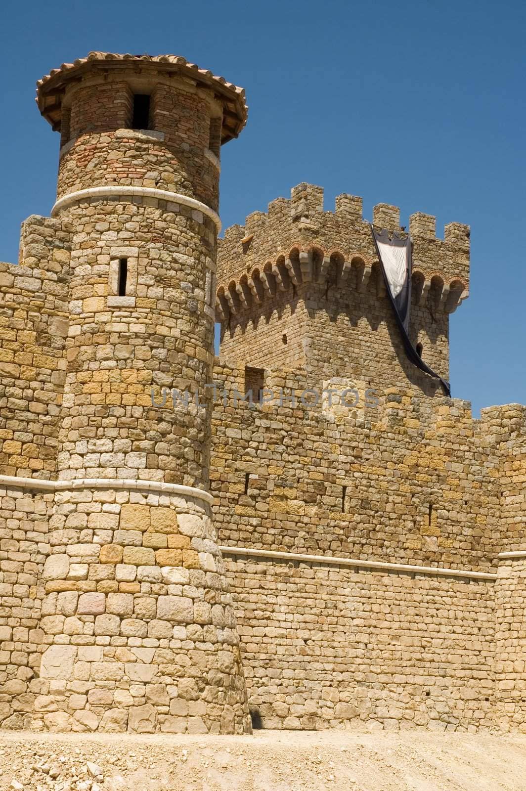 Copy of a Medieval Tuscan castle in a terraced vineyard in the hills of Northern California 