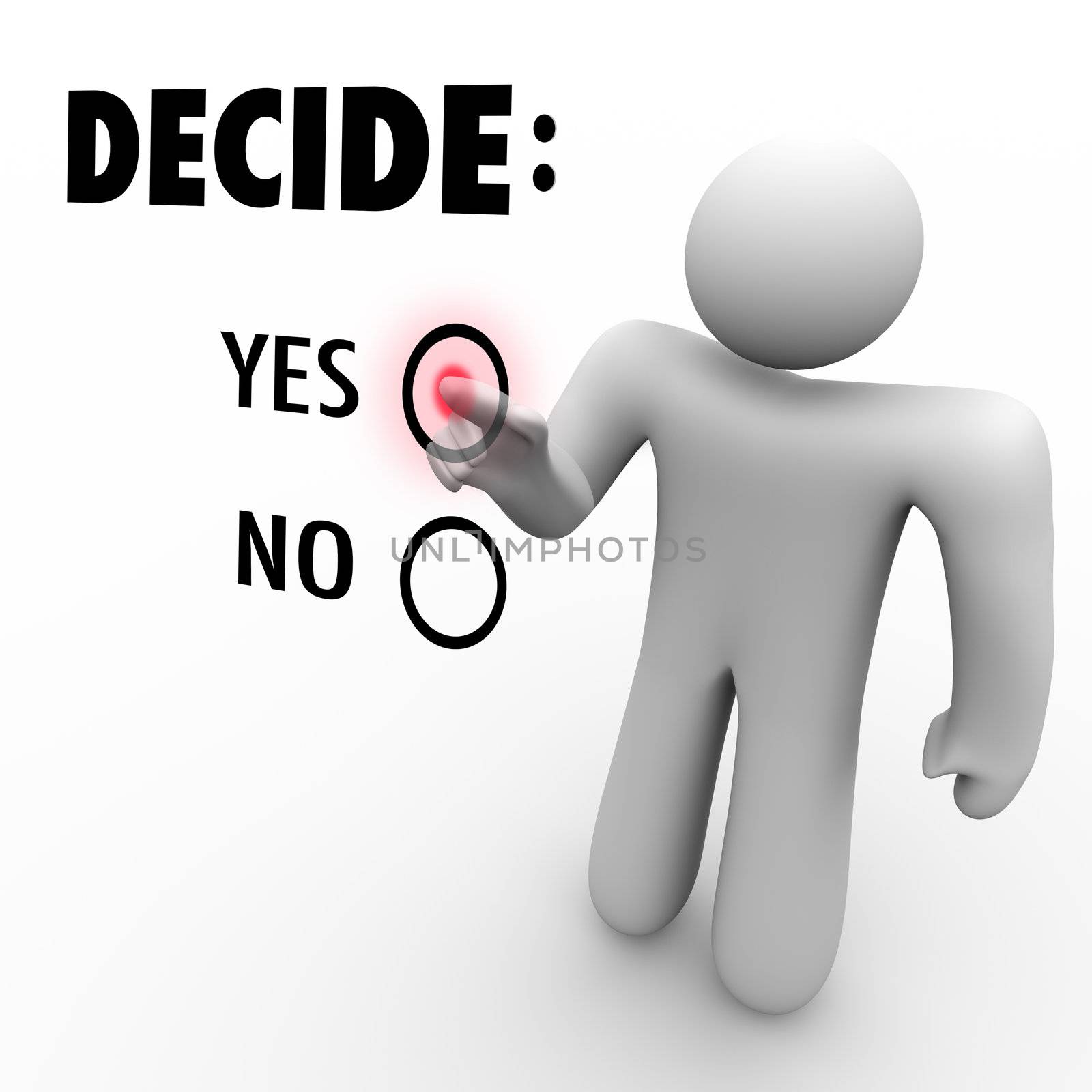 A man presses a button beside the word Yes when asked to choose between Yes and No