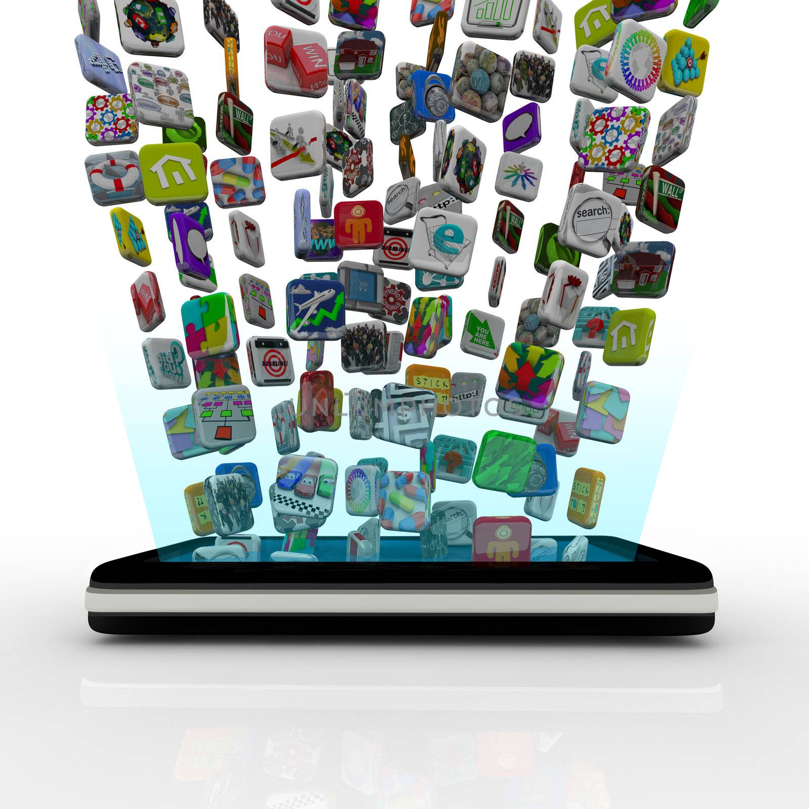 Many application icons are downloaded into a modern black smart phone, appearing to float over the device