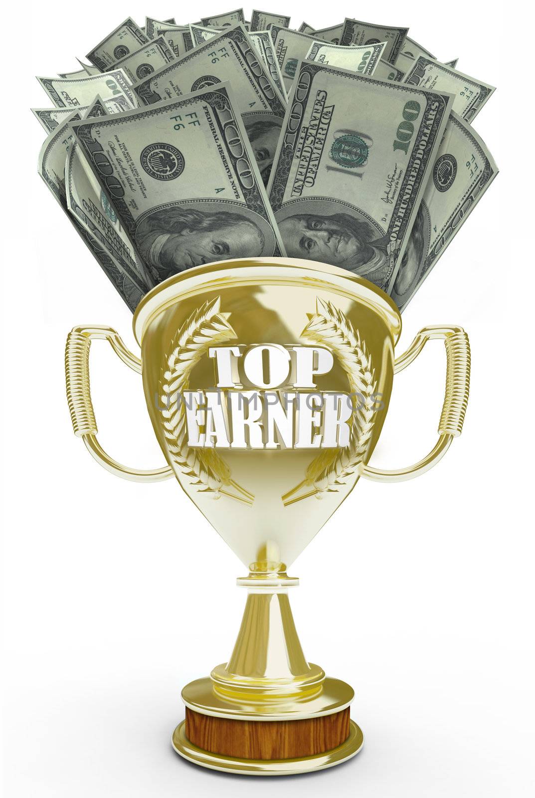 A golden trophy with the words Top Earner and cash overflowing from the top