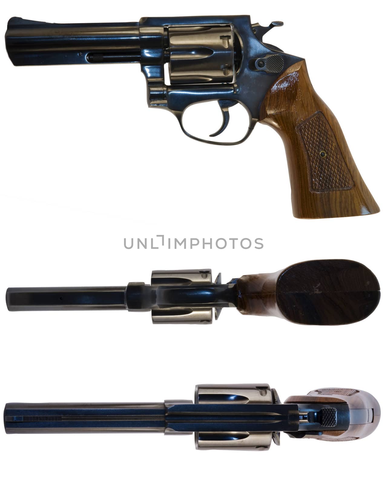 A .38 calibre revolver shot from the side, from above and from below. White background.