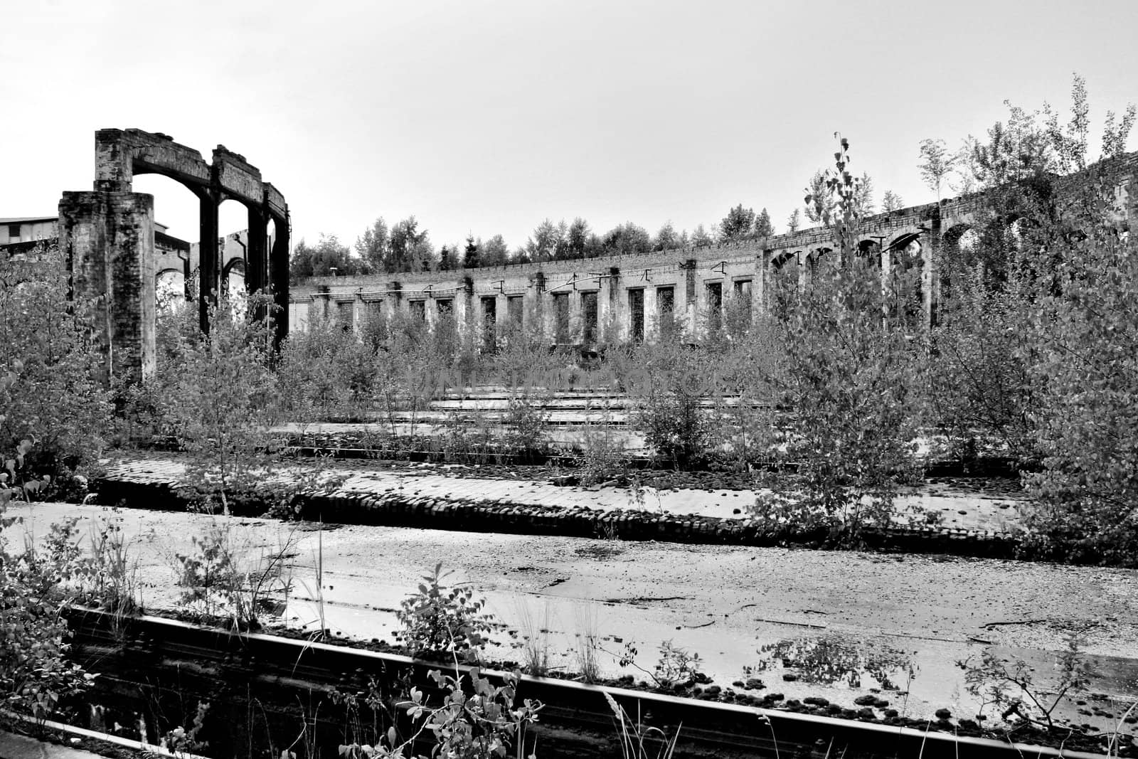 Rotting ruin of an industrial building, the remains of a huge round locomotive shed, which was destroyed by a fire. Totally abandoned area, plants growing everywhere. 