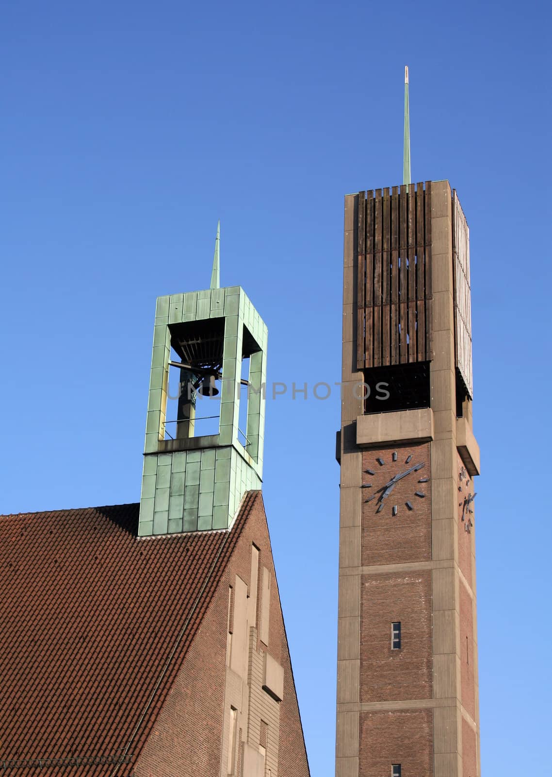 The two towers of the protestant Christuskirche in Hamburg-Wandsbek, built in the middle of the 20th century.