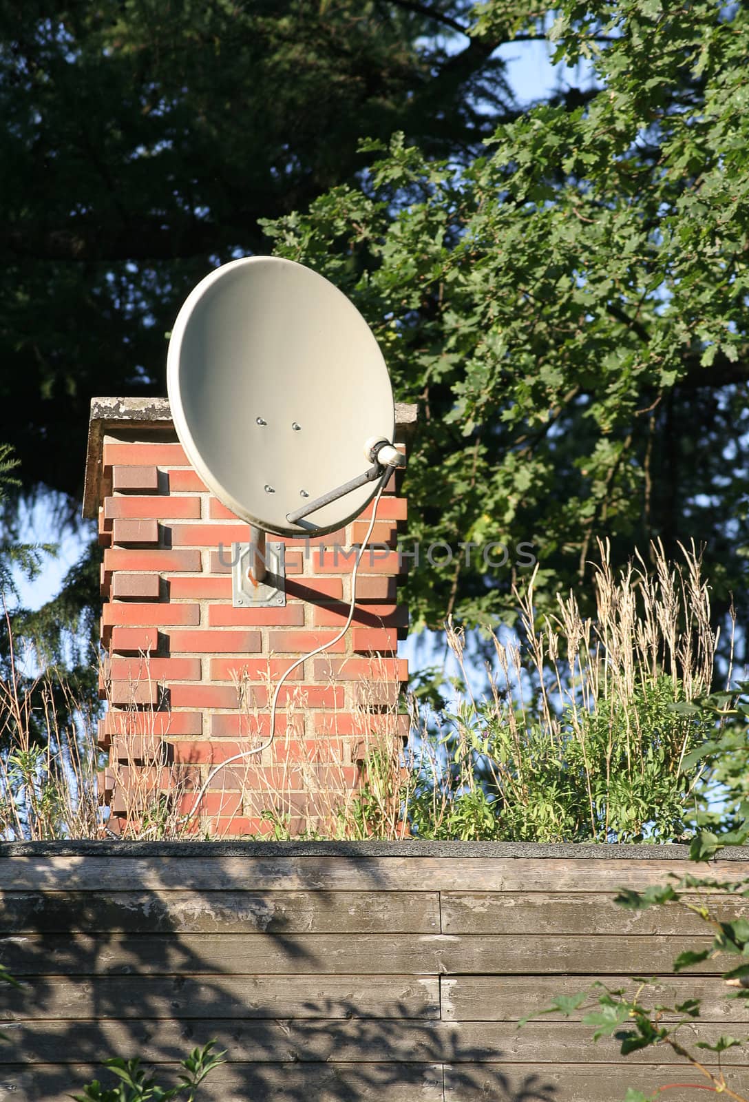 Satellite dish attached to the chimney of a house in the forest.