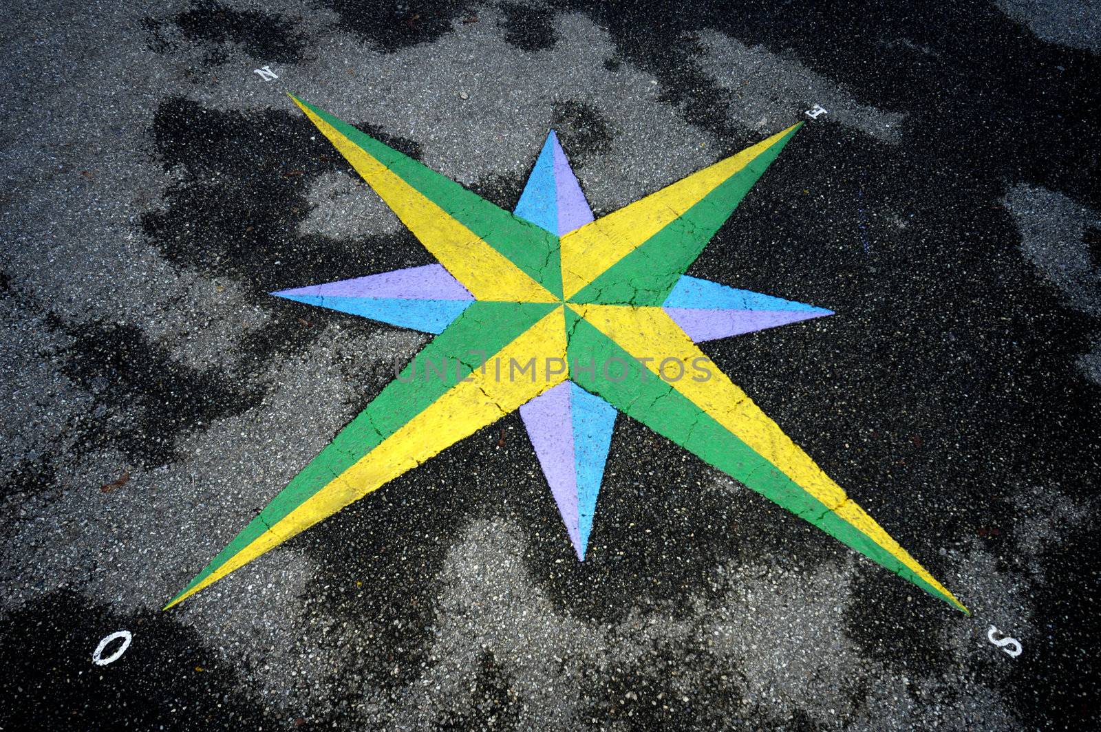 A colourful compass rose set into asphalt, which is slightly wet. Photoraph taken in a French-speaking country, which is why west is signified by an 'O' (ouest). 