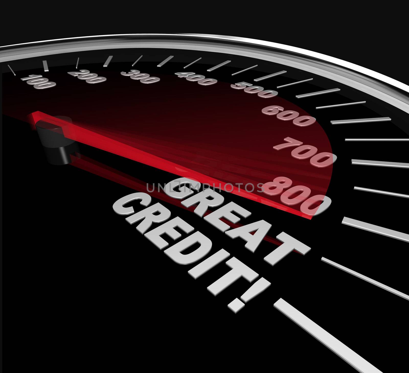 The needle on a speedometer points to great credit scores, speeding up to and past 800