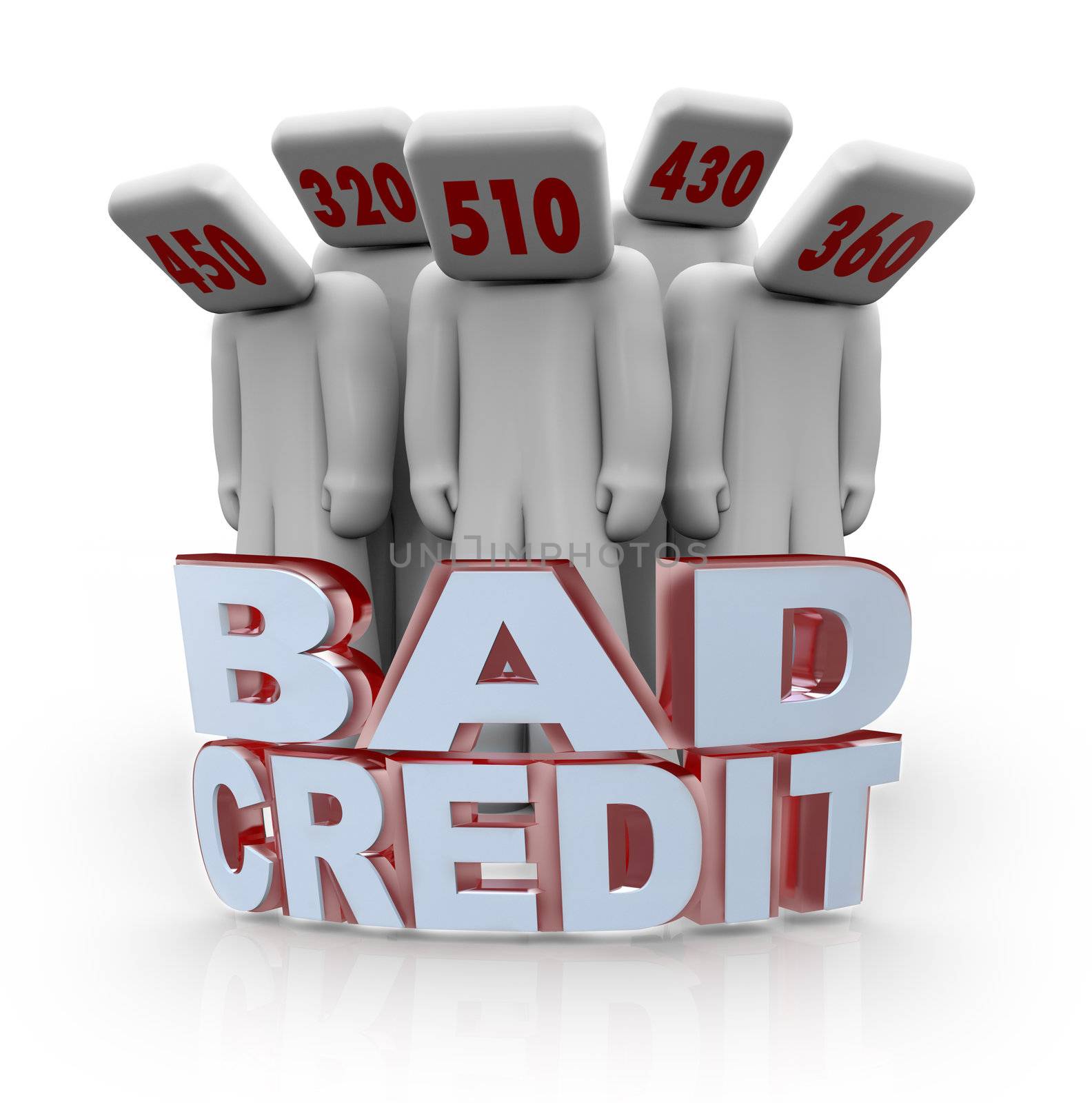 Several people with bad credit scores on their heads behind the words Bad Credit