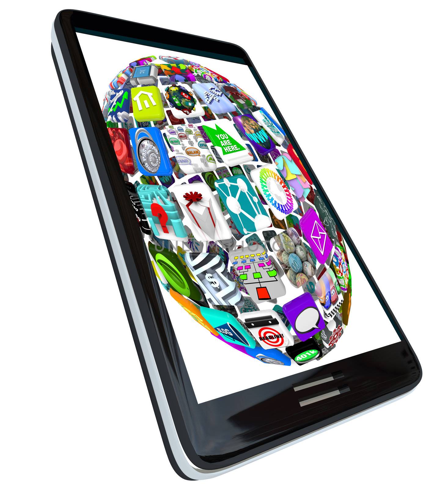 A sphere pattern of application icons displayed a  modern black smart phone