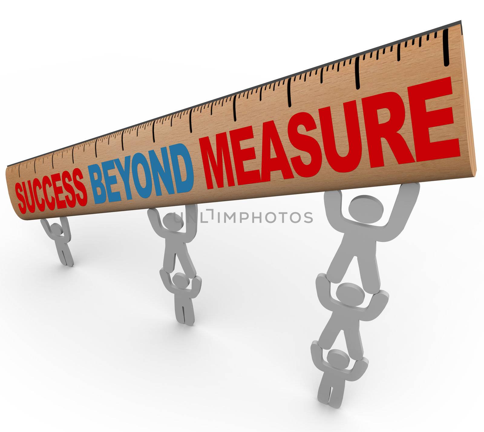 A team lifts a ruler with the words Success Beyond Measure, symbolizing the result of teamwork and synergy