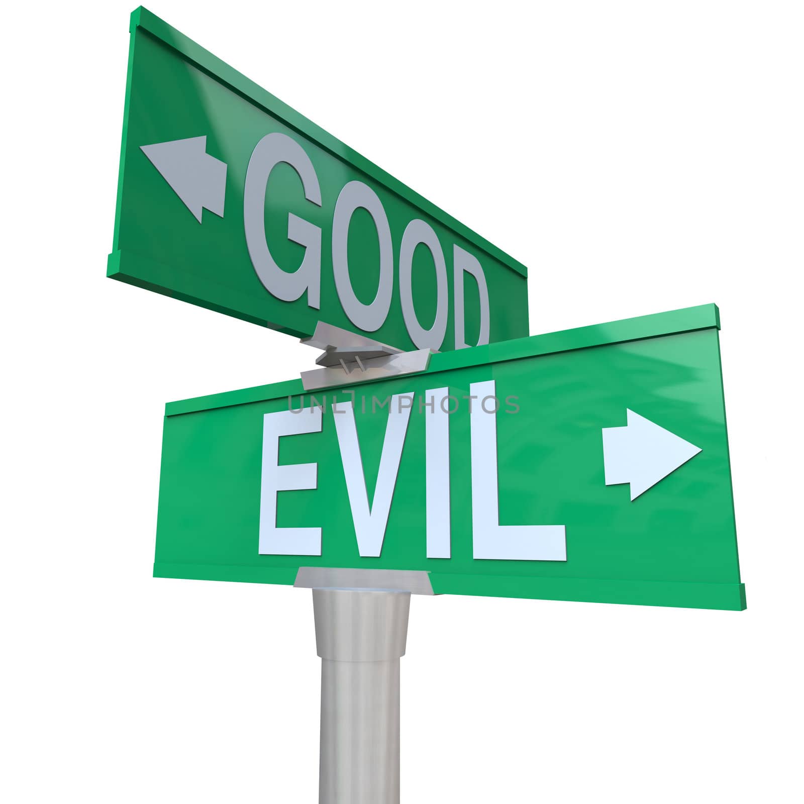 A green two-way street sign pointing to Good or Evil, symbolizing the inner conflict of the conscience