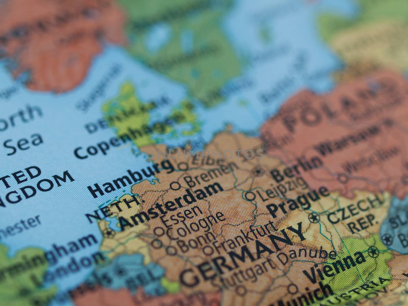 Europe map of Netherlands Germany map area with selective focus on Amsterdam