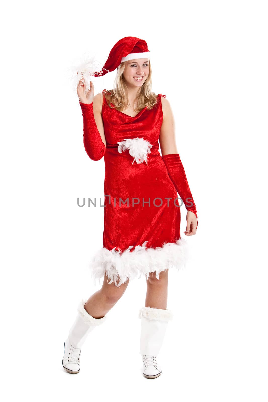 Pretty young blond girl with santa costume