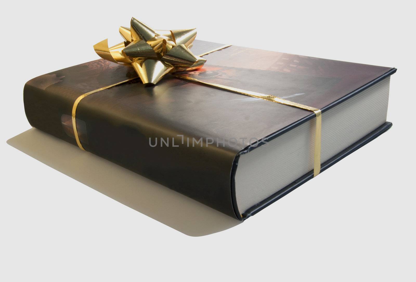 An isolated brown book with a golden ribbon for a gift