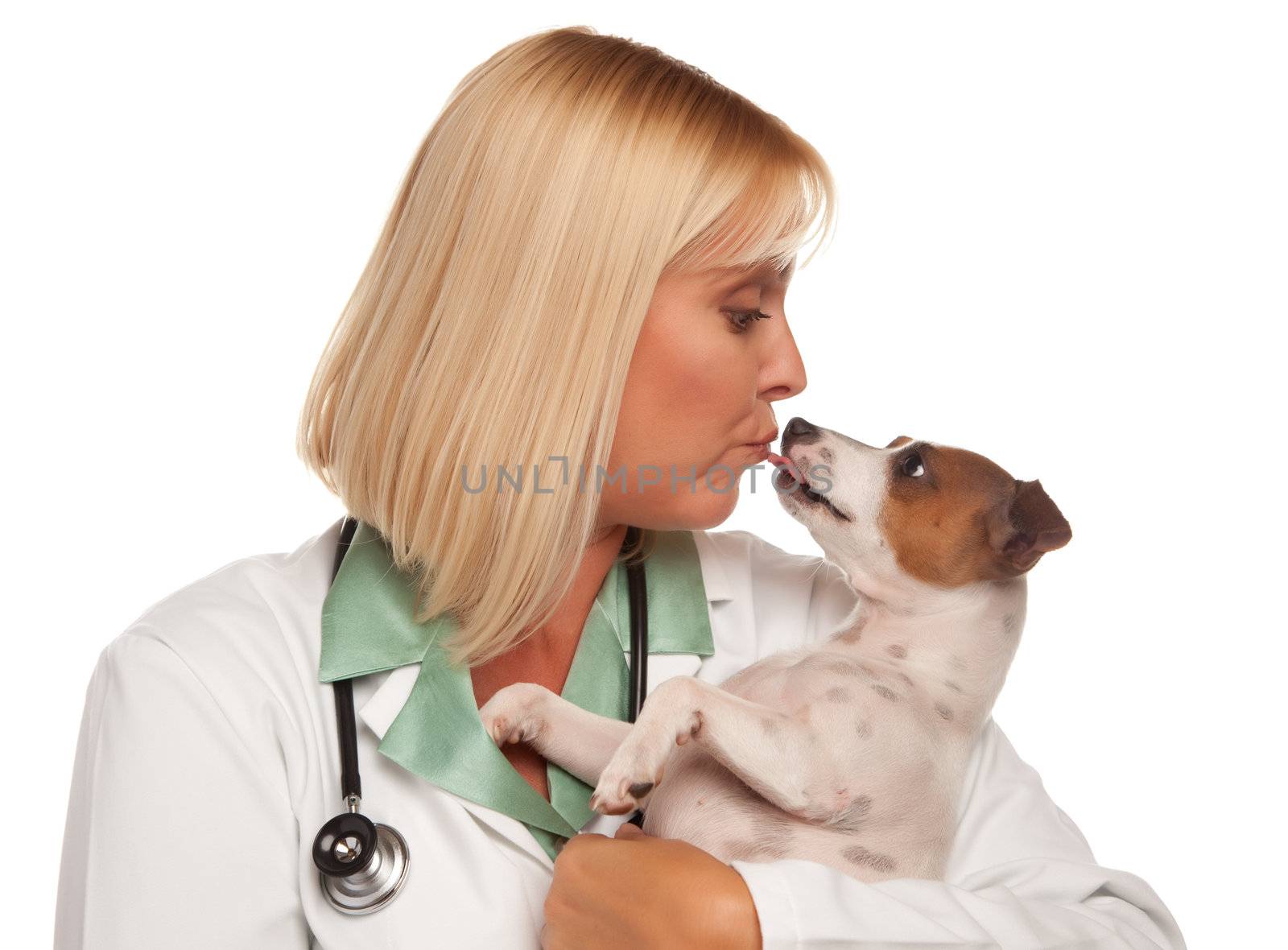 Attractive Female Doctor Veterinarian with Small Puppy by Feverpitched