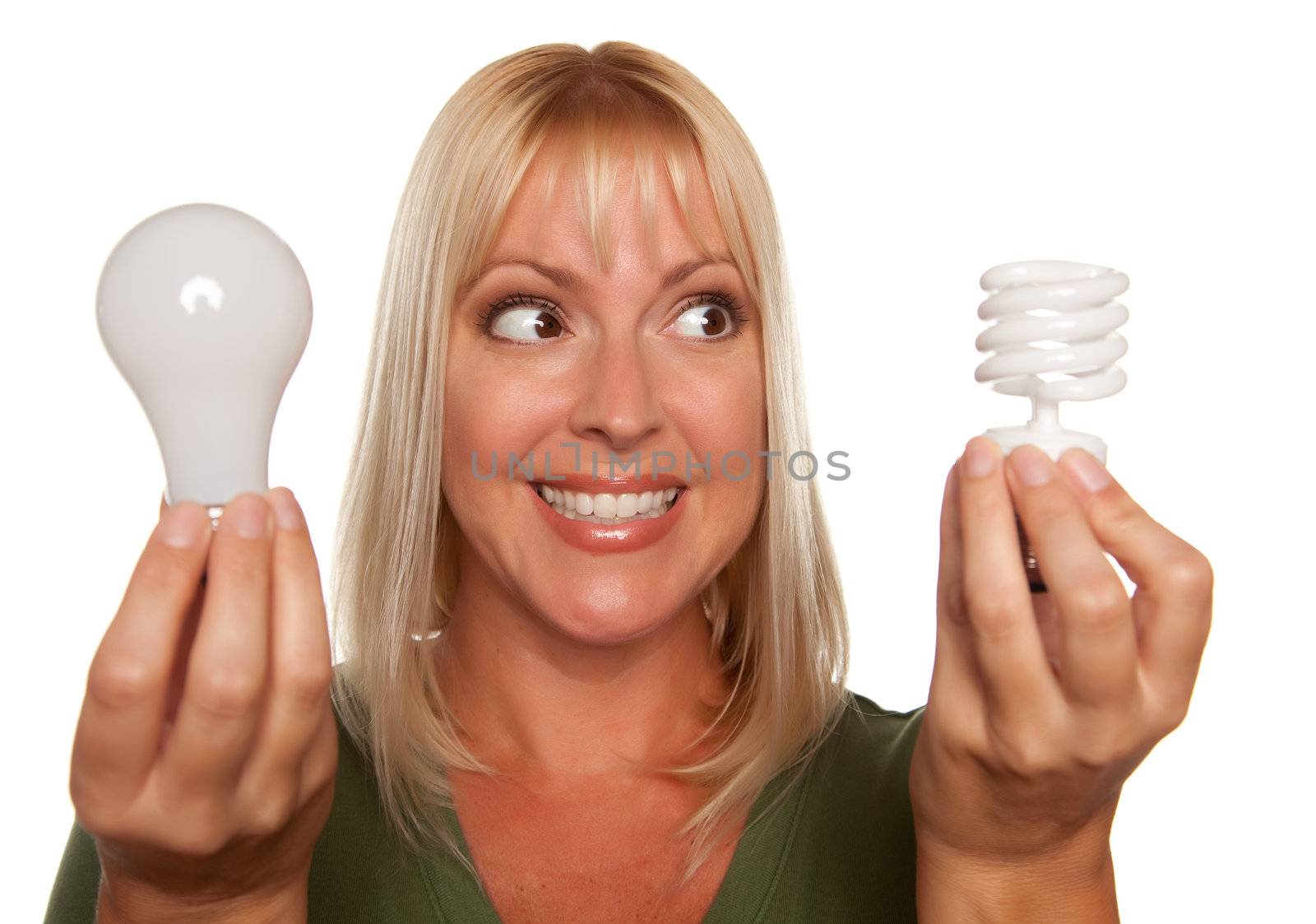 Woman Holds Energy Saving and Regular Light Bulbs Isolated on a White Background.