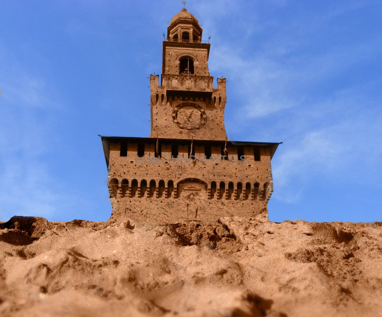 Elaborated castle made of sand, blue sky on the back