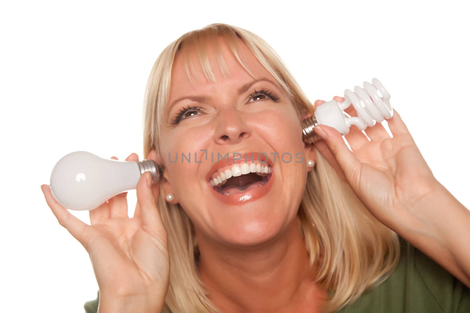 Funny Woman Holding Energy Saving and Regular Light Bulbs to Her by Feverpitched