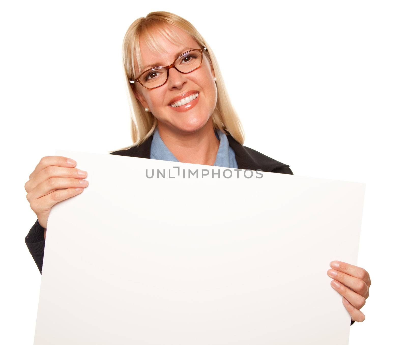 Attractive Blonde Holding Blank White Sign Isolated on a White Background.