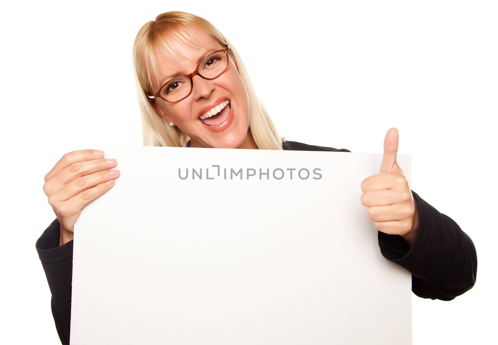 Attractive Blonde with Thumbs Up Holding Blank White Sign Isolated on a White Background.