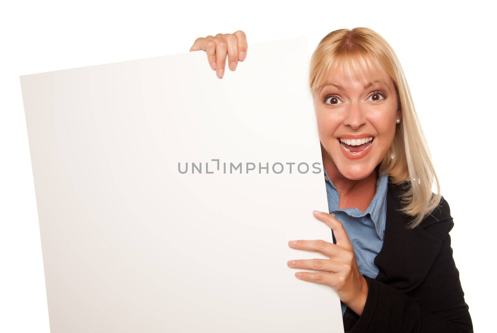 Attractive Blonde Holding Blank White Sign Isolated on a White Background.