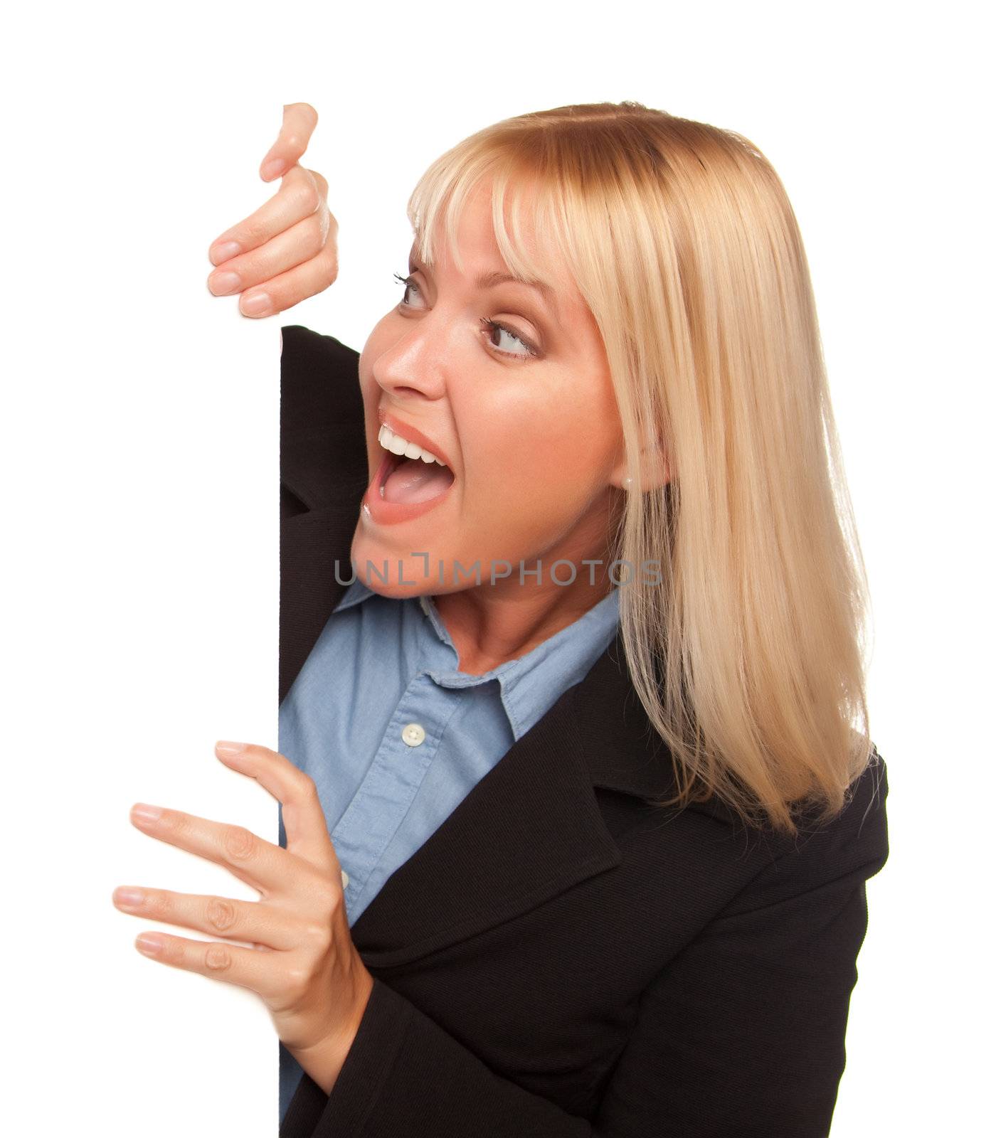 Attractive Blonde Holding Blank White Sign Edge Isolated on a White Background.