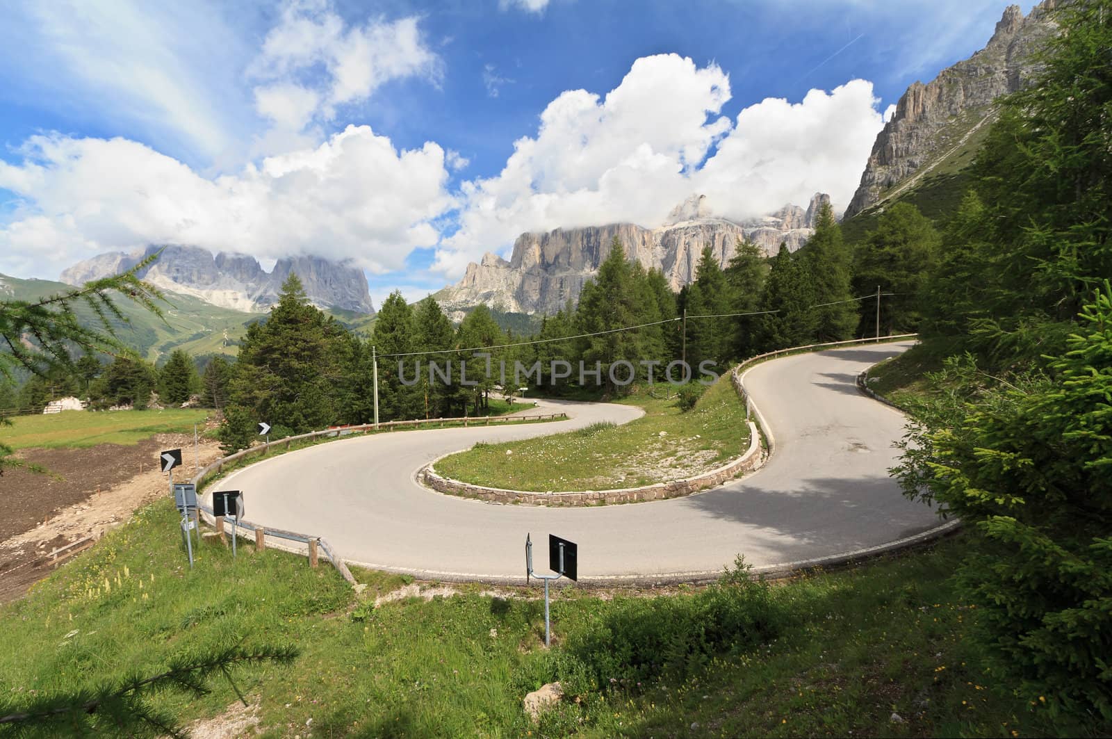 winding road to Pordoi pass, Italian Dolomites