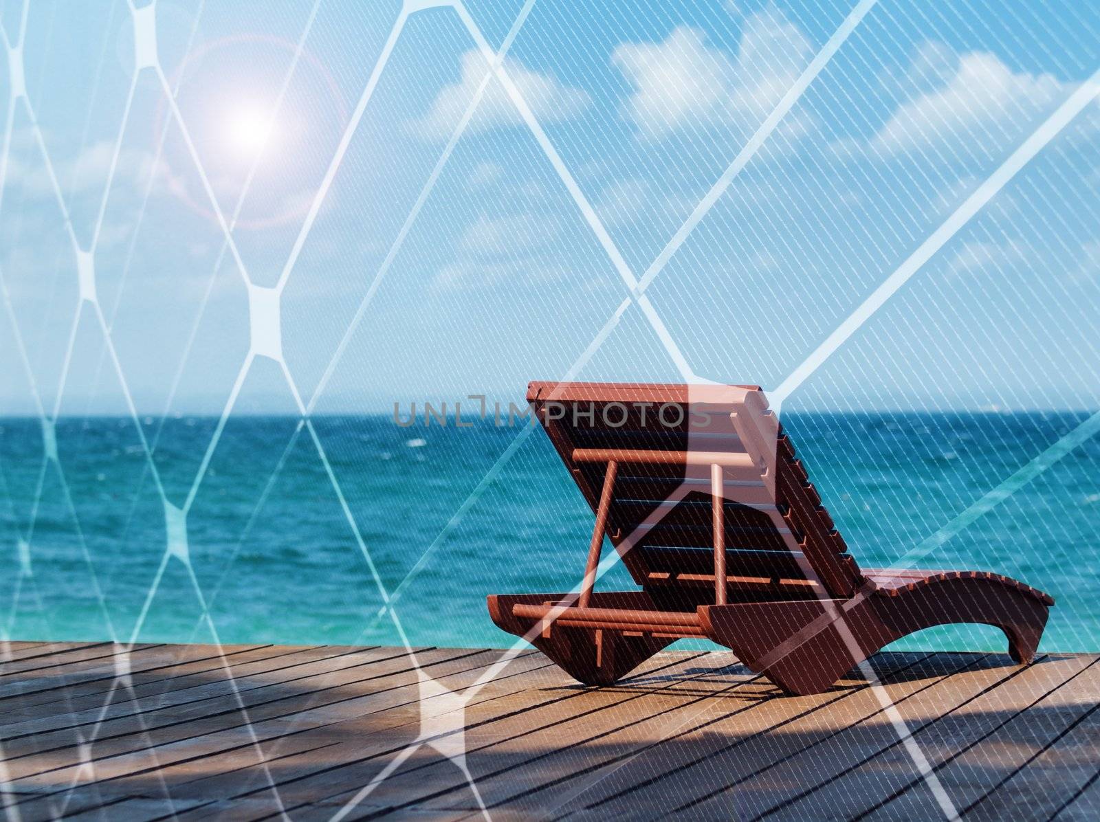 Relax chair on a wooden pier with solar panel