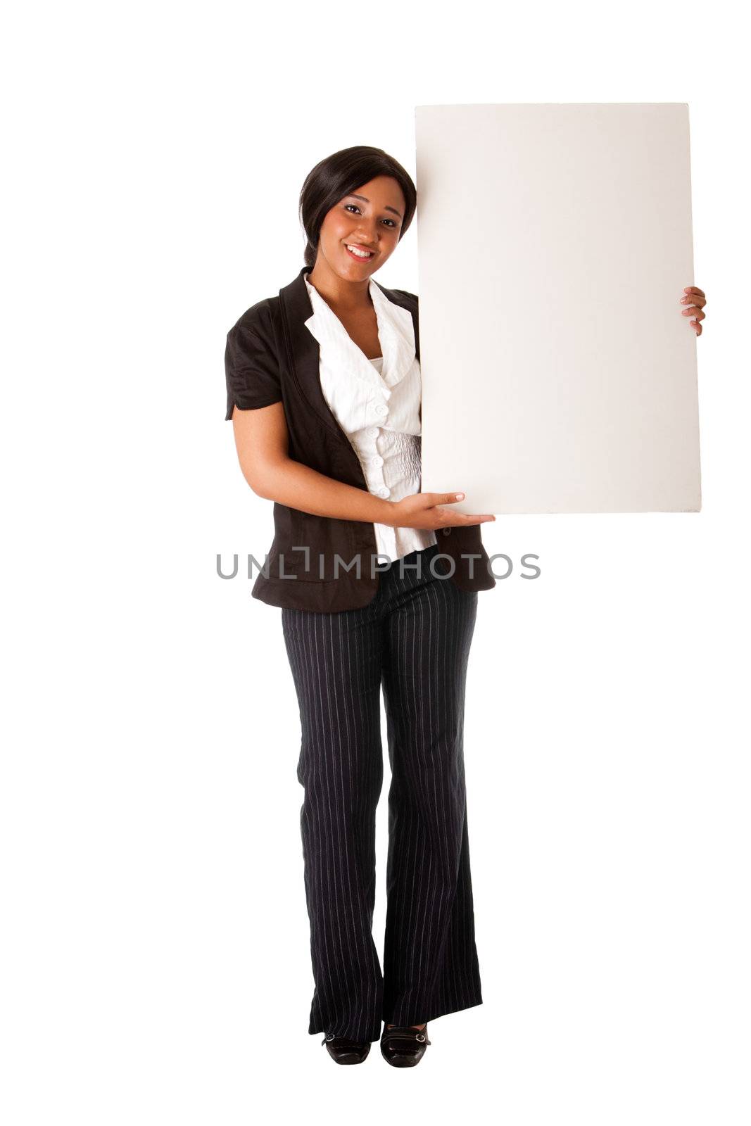 Beautiful smiling successful corporate business woman pitching an idea presenting blank whiteboard, isolated.