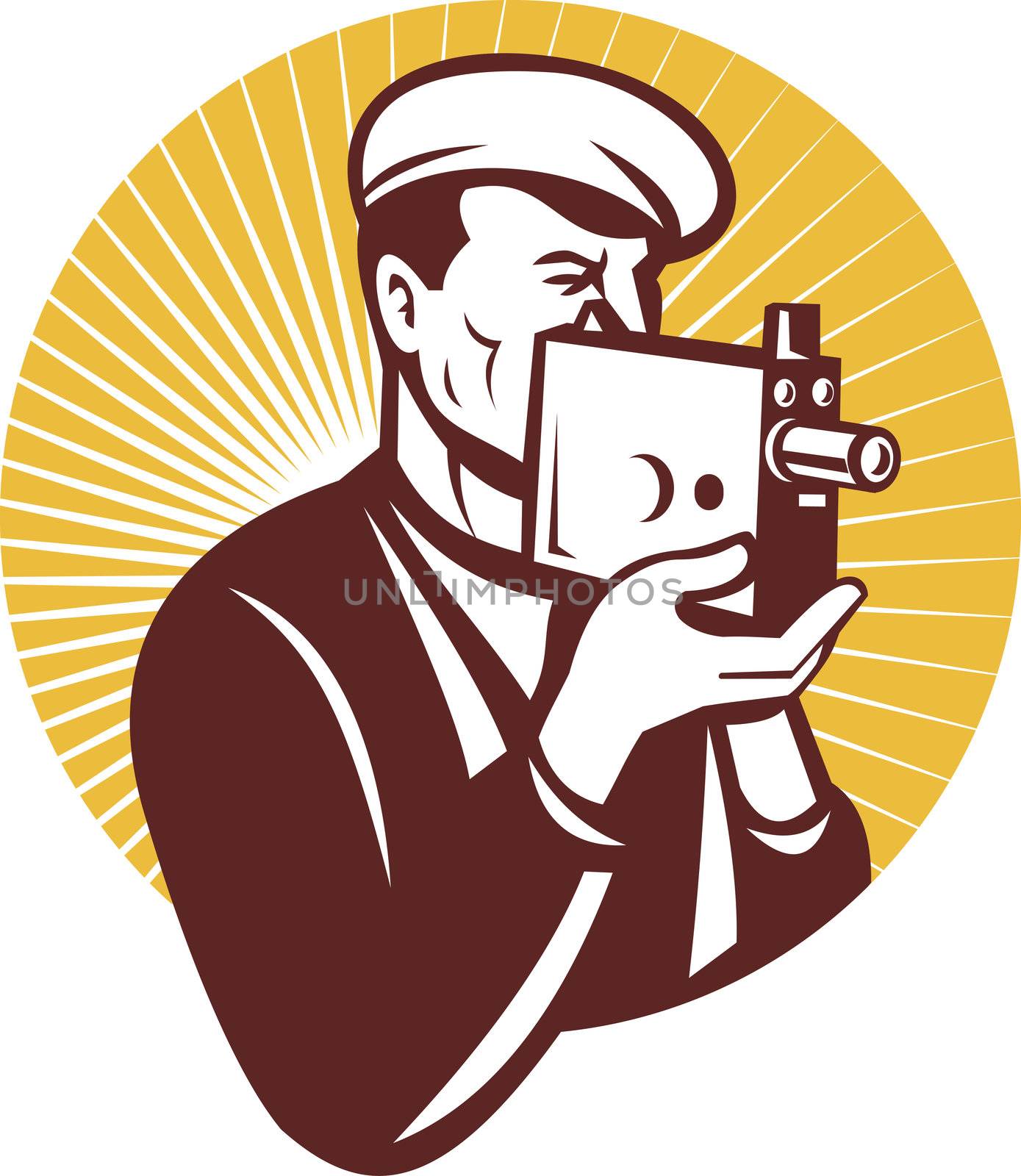 illustration of a Cameraman with vintage camera shooting side view done in the retro woodcut style set inside circle