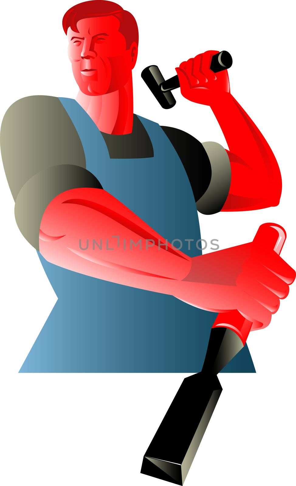 illustration of a carpenter tradesman worker with chisel and hammer viewed from front set in isolated background done in retro style