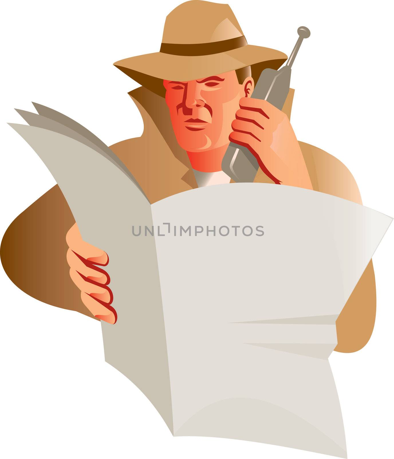 illustration of a male detective using calling cell phone while reading a newspaper on isolated background done in retro style
